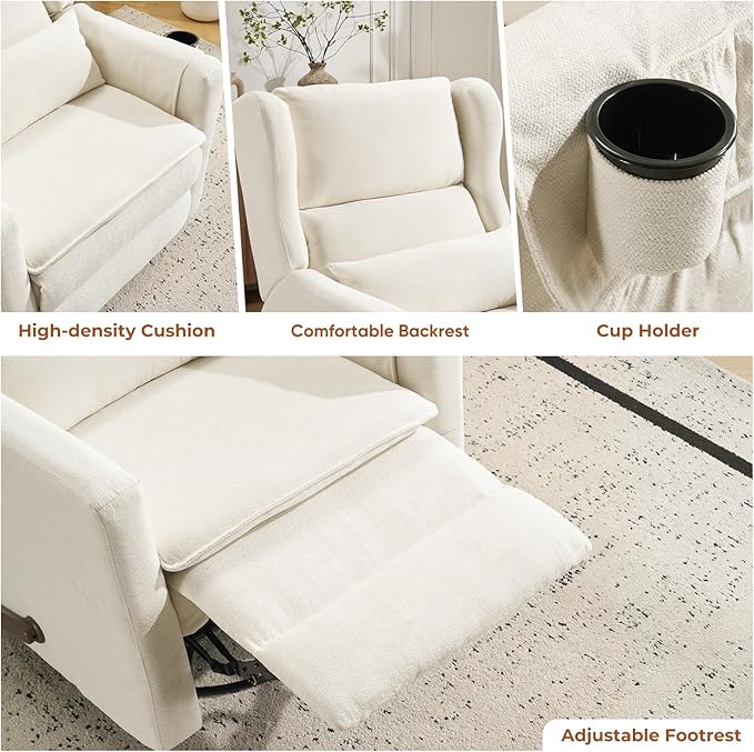 Swivel Rocker Recliner for Adults Glider Recliner Nursery Chair with Adjustable Headrest Manual Rocker Recliner with Cup Holder and Side Pockets White