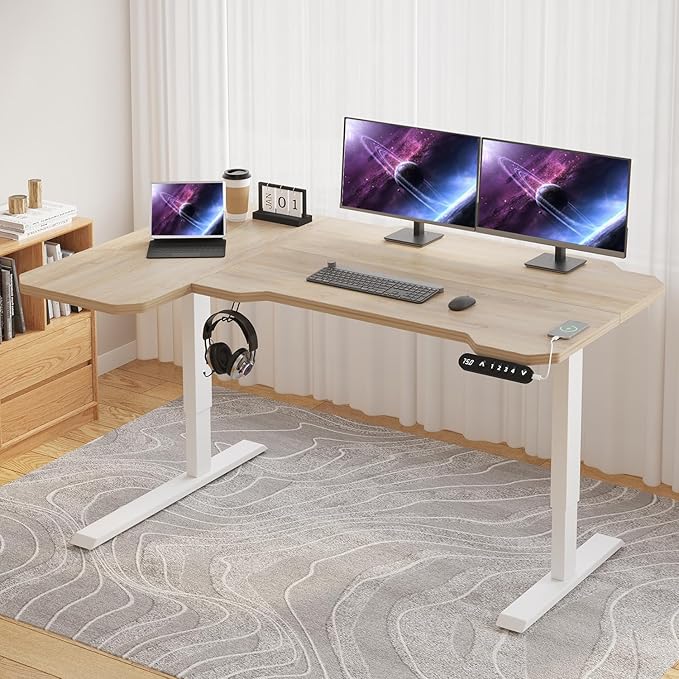 L-Shaped Standing Desk Adjustable Height Electric Desk 59 x 40 Inches for Home Office (Oak 59 x 29'')