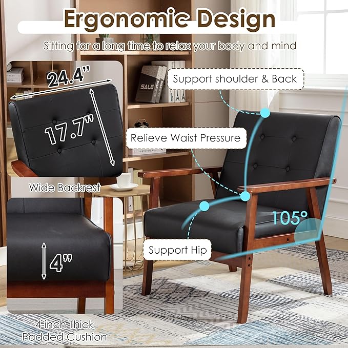 STHOUYN Black Leather Accent Chair for Office Waiting Room Lobby Chair with Wooden Arms Mid Century Modern Small Armchair Living Room Sofa Set (Black)