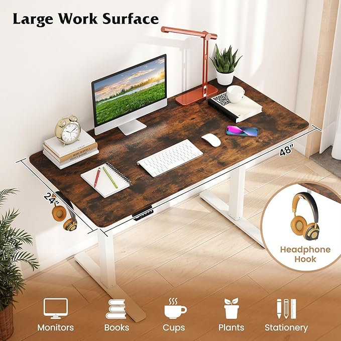 Giantex Electric Standing Desk 48 x 24 Height Adjustable Sit Stand Computer Workstation with 2 Memory Heights Headphone Hook Anti-Collision Design Home Office Computer Desk (Rustic Brown+White)