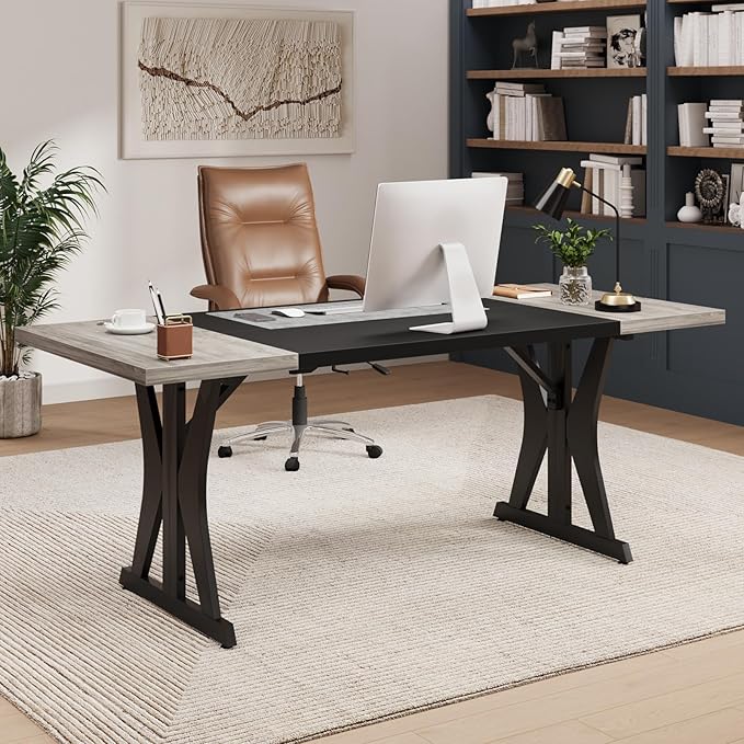 Bestier 70 Inch Large Executive Desk Modern Simple Computer Office Desk with Thickened Desktop Wood Metal Conference Room Table for Home Office Business &amp Writing Grey