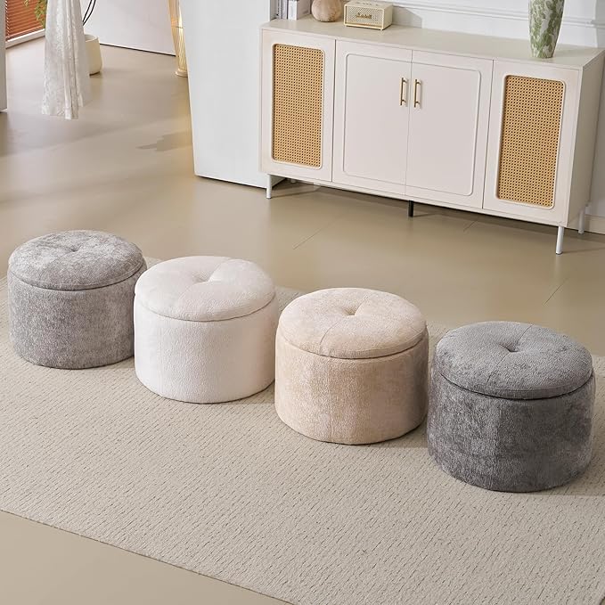Modern Round Storage Ottoman Chenille Ottoman Foot Stools Ottoman Footstool with Removable Lid Storage Ottoman for Living Room Multi-Functional Footrest White