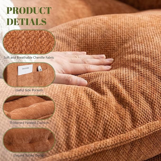 Square Swivel Chair360°Rotation Armchair for ReadingPlush Chenille Upholstered Accent Club Chair with ArmsModern Single Cloud Sofa Chair for Living Room Bedroom (1 OrangeBrown)