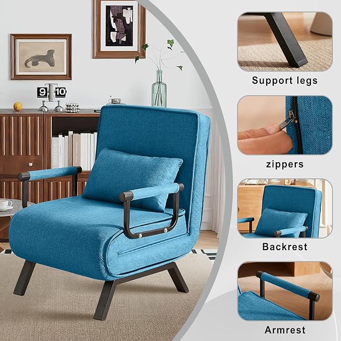 Convertible Sleeper Chair 5 in 1 Folding Sofa Bed with 5-Position Adjustable Backrest &amp Pillow Floor Single Chairs Cozy Futon Chair for Small Spaces Apartment Bedroom Office (Blue)