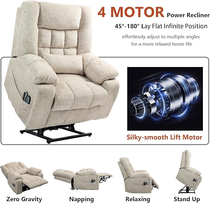 4 Motor Power Lift Recliner Chair for Elderly Oversized Lay Flat Recliner with Massage Heat Adjustable Headrest Hidden Cup Holders Zero Gravity Big and Tall Recliners Cream