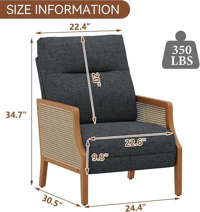 Aklaus Mid Century Accent Chair Set of 2 with Rattan Armrest Upholstered Living Room Chairs Lounge Fabric Reading Chairs Side Sitting Farmhouse Chair for Living Room Bedroom Balcony Grey