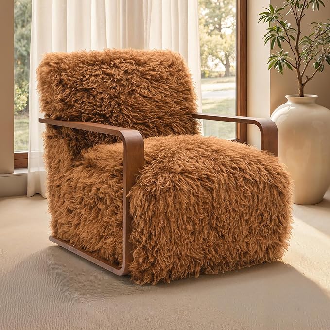 Comfortable Faux Fur Reading ChairModern Luxury Accent Chair Side Chairs with Curved Wooden Armrests for ApartmentLiving RoomOfficeStudyCamel+Brown