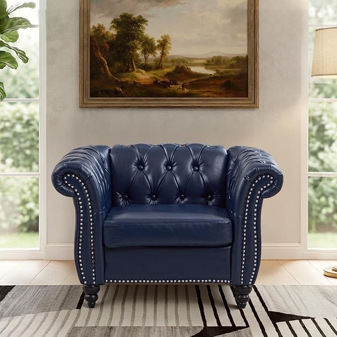 AVZEAR Leather Upholstered Armchair Single Sofa Chair with Rolled Arms and Nailhead Mid-Century Modern Tufted PU Chesterfield Chair for Living Room Bedroom Office Apartment PU Blue