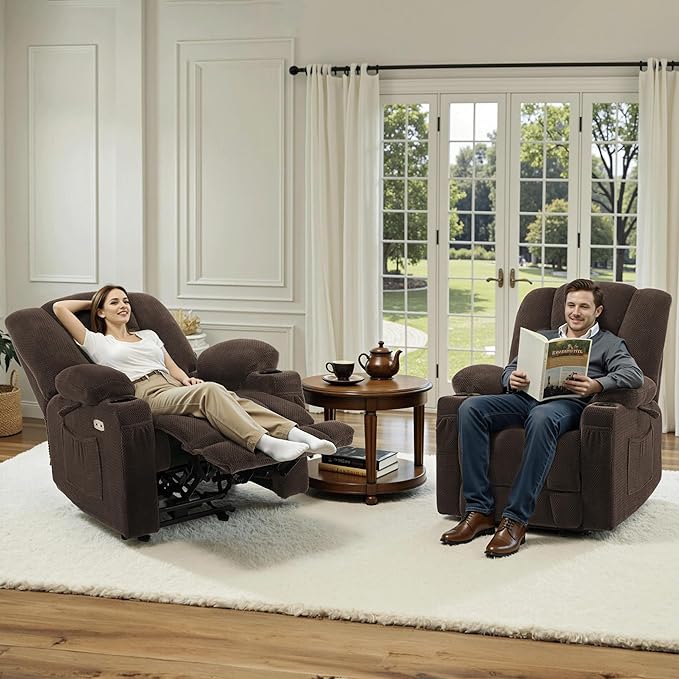 MCombo Zero Gravity Power Recliner Chair with Heat and Vibration Massage Reclining Chair with USB &amp Type C Ports Cup Holders for Living Room Fabric 8015 (Brown)