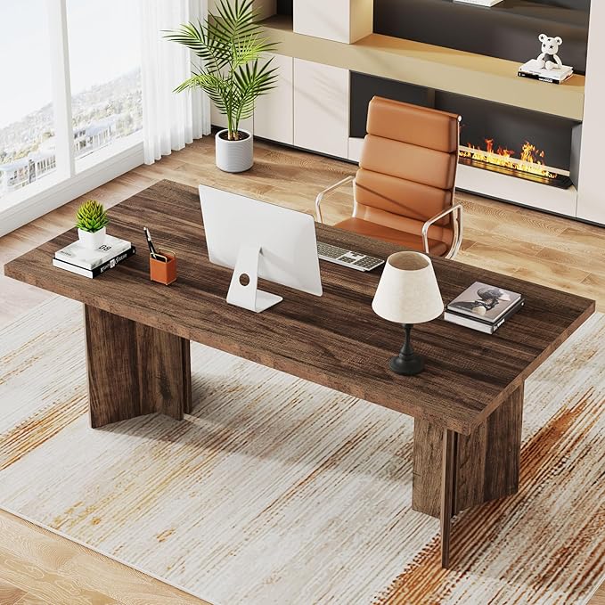 Tribesigns 63-inch Executive Desk Vintage Office Computer Desk with Large Tabletop Farmhouse Wood Writing Conference Table Workstation for Home Office Study Dark Brown