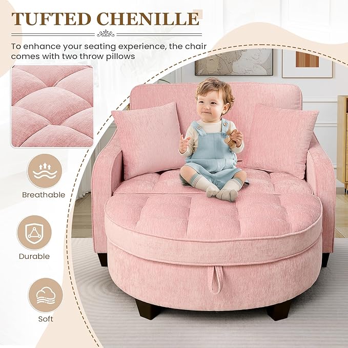 Oversized Chair and A Half Chenille Tufting Accent Cozy Reading Sofa Chair with Storage Ottoman Upholstered Loveseat Chaise Lounge Sofa with Adjustable Back for Living Room Office Sunroom Pink