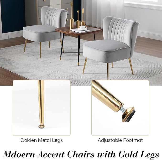 Velvet Accent Chair Set of 2 Comfy Upholstered Side Chair with Gold Metal Legs and Padded Seat Modern Small Corner Armless Living Room Chairs with Wing Back Light Gray