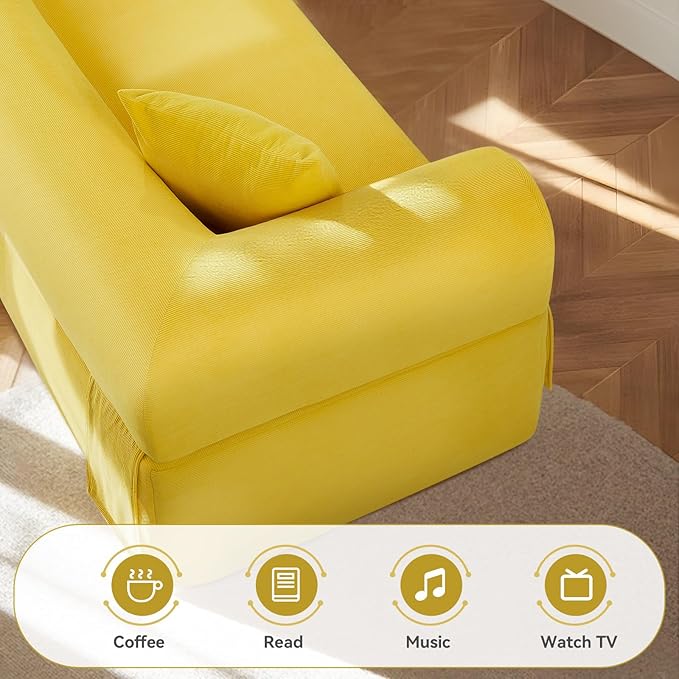 83 Boneless Couch 3 Seater Sofa with 2 Matching Pillows Compact Corduroy Couches for Living Room Side Storage Pockets Floor Sofa with Removable Armrests No Assembly Required Yellow