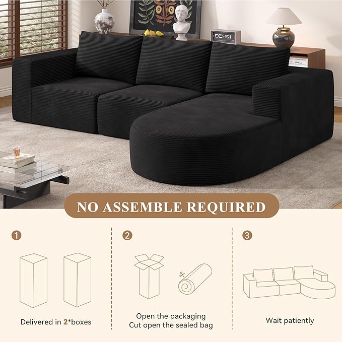 Modular Sectional Sofa with L-Shape ChaiseCloud Sectional Modern Sleeper Couch with Deep SeatSponge Compression Sofas No Assembly Required(Black-Corduroy Fabric) 1PCS