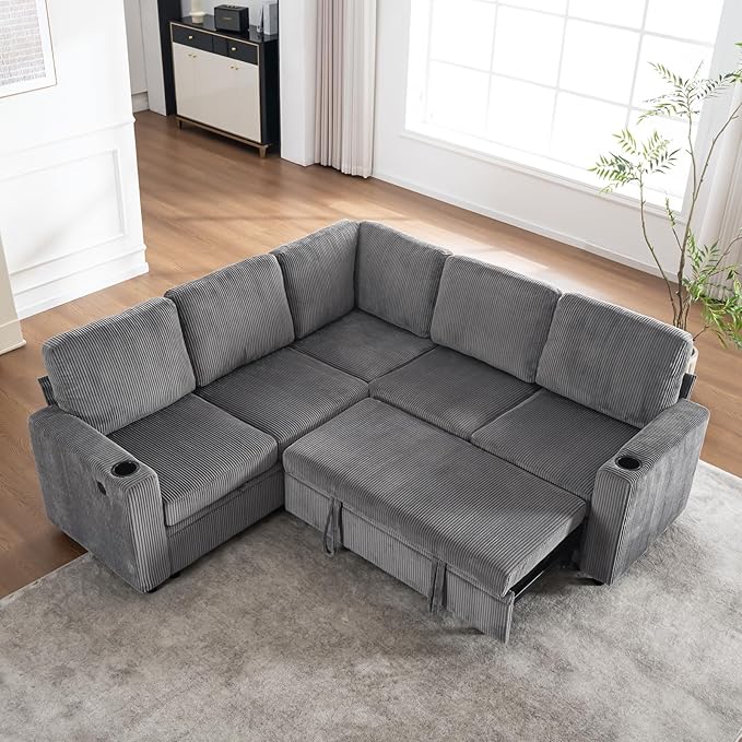 83 Modular Sectional Sleeper Sofa with Pull Out Bed Plush Corduroy L-Shaped Corner Couch with Storage USB Charger Cup Holders 5-Seater Sectional Couches for Living Room Apartment Grey