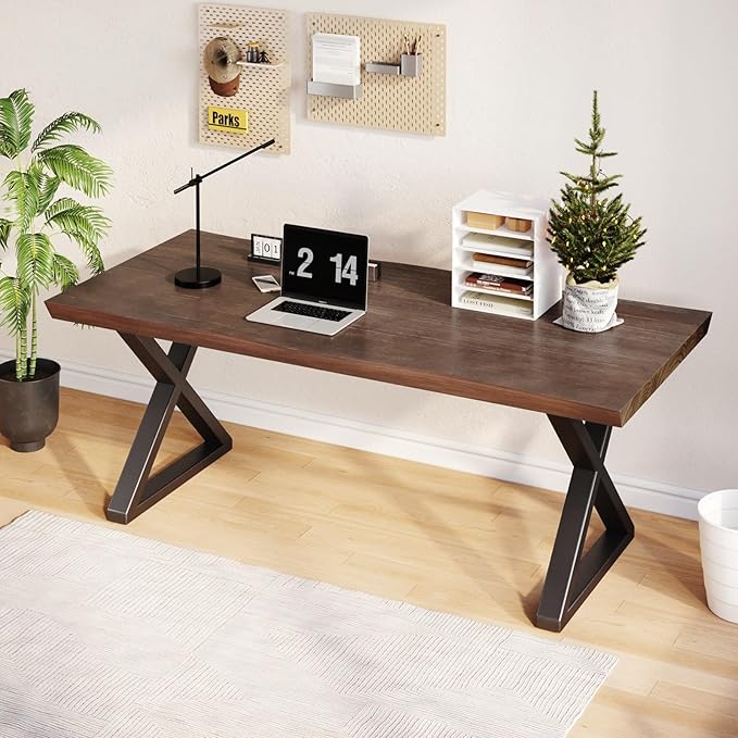Solid Wood Desk 47 InchHome Office DeskOffice Furniture Butcher Block Studio Desk Rustic Brown Desk Heavy Duty Business Desk（Table Thickness:1.96 inches）