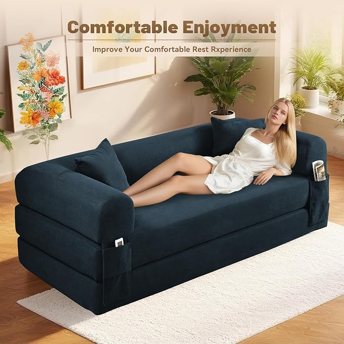 Convertible Futon Sofa Bed80 Folding Pull Out Couch with Pillows &amp Storage Pocket Oversized Queen Sleeper Sofa in a BoxCorduroy Boneless Couch for Living RoomNavy Blue
