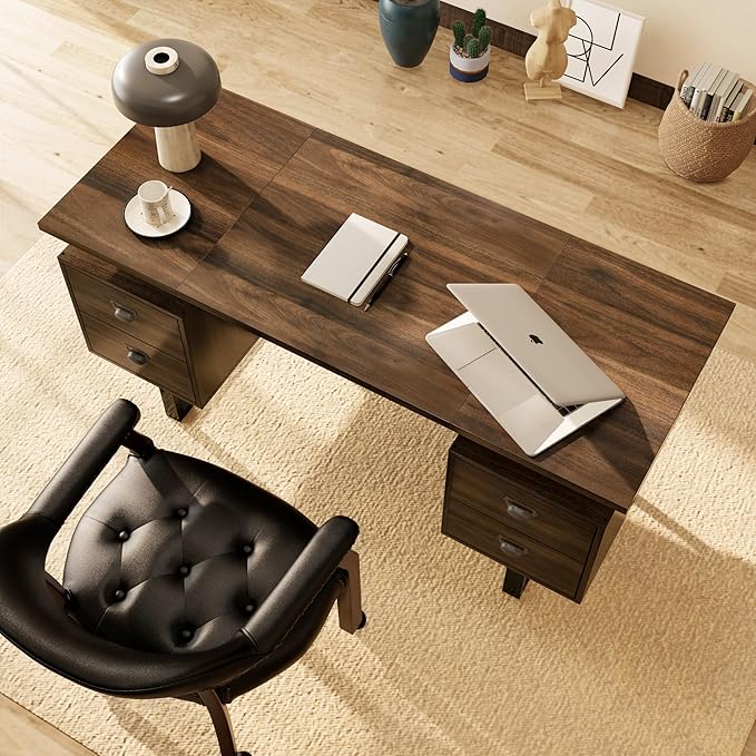 LEEMTORIG Computer Desk with Drawers 59 inch Large PC Desk Gaming Desk Modern Industrial Study Student Writing Table Workstation for Home Office Bedroom Walnut Brown CTSZ-20401-WA