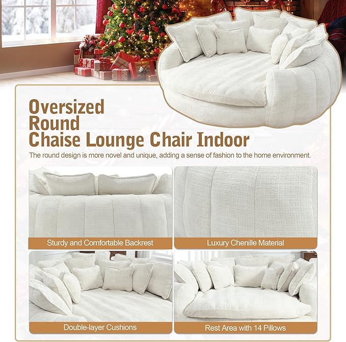 82'' Oversized Upholstered Sofa Bed Round Chaise Lounge Chair Indoor Modern Chenille Boneless Couch No Assembly Required Plush Sleeper Chair with 14 Pillows for Living Room Beige