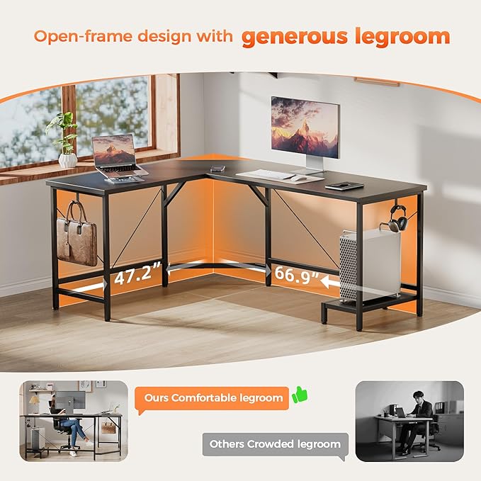 Mericonia 66 inch Large L Shaped Desk Simple Corner Gaming Desk with CPU Stand &amp Hooks Computer Desk for Home Bedroom &amp Office Workspace Black
