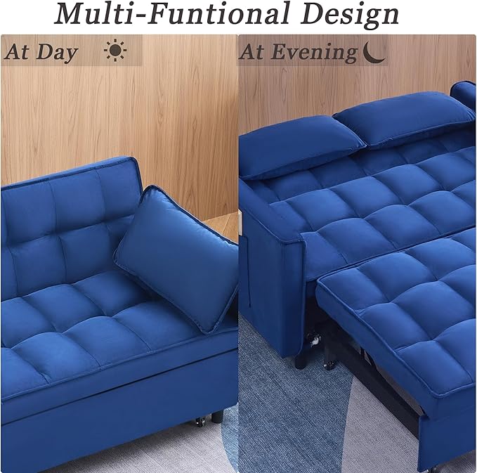 55 Sleeper Loveseat3 in 1 Sofa BedPull Out Couch Bed with 2 Pillows and Side PocketsVelvet Convertible Bed for Small Spaces Living Room (Blue)
