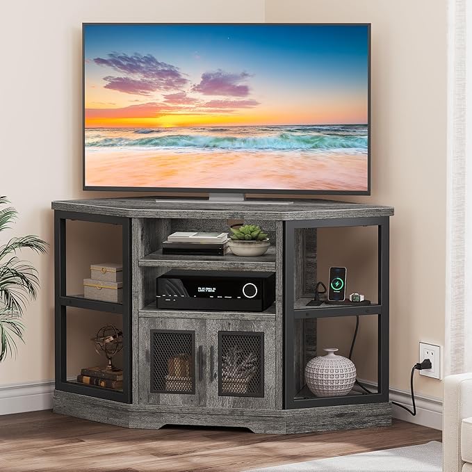 DWVO Corner TV Stand for TVs 50 Inch for Living Room Modern Farmhouse Entertainment Center with Storage TV Media Console Cabinet Grey Oak