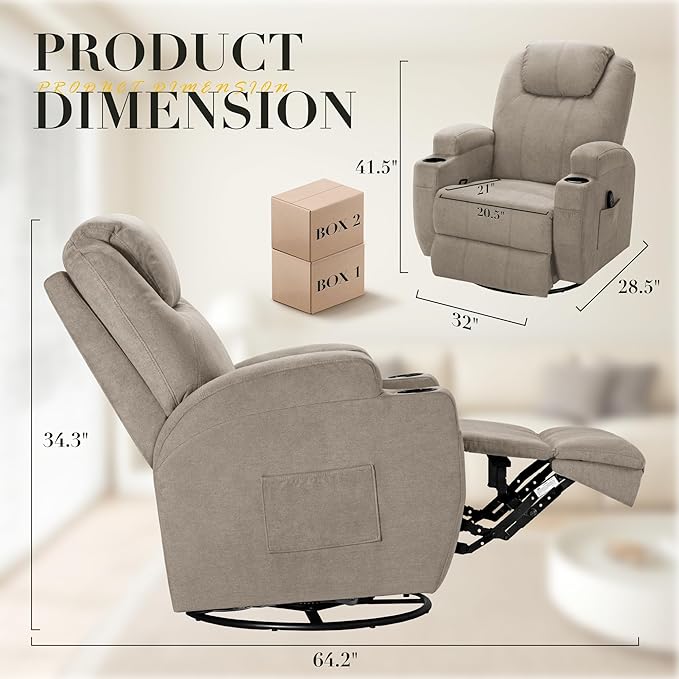 Recliner Chair 360° Swivel Rocker Chair for Adults Rocking Recliner Chair with Massage Comfy Single Sofa with Side Pockets Cup Holders for Living Room Bedroom Nursery (Fabric Khaki)
