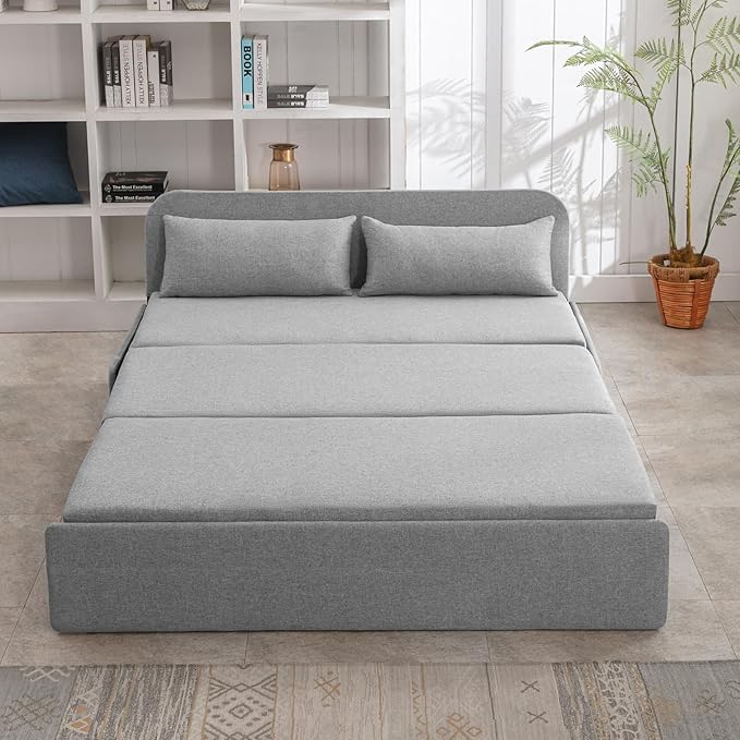 Mjkone 62 Width Pull Out Sleeper Sofa Bed Queen Size 2-in-1 Modern Convertible Linen Sofa Sleeper Pull Out Couch Bed with Cushions &amp Throw Pillows for Living Room Home Office Small Place Light