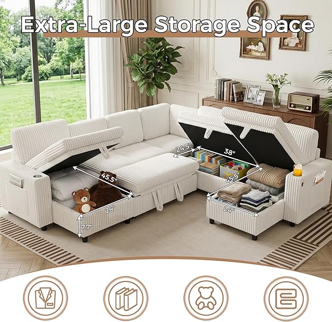 Modular Sectional Sleeper Sofa with Pull Out Bed Plush Corduroy L Shaped Couch with Storage Chaise USB Ports Cup Holders Comfy Cloud Couches for Living Room White