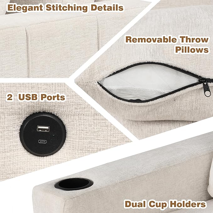 84.7 Sectional Sofa Convertible Pull-Out Sofa Bed with Movable Storage Ottoman and Dual Cup Holders Chenille Fabric Free-Combined Modular Couch for Living Room (Beige-3.27)