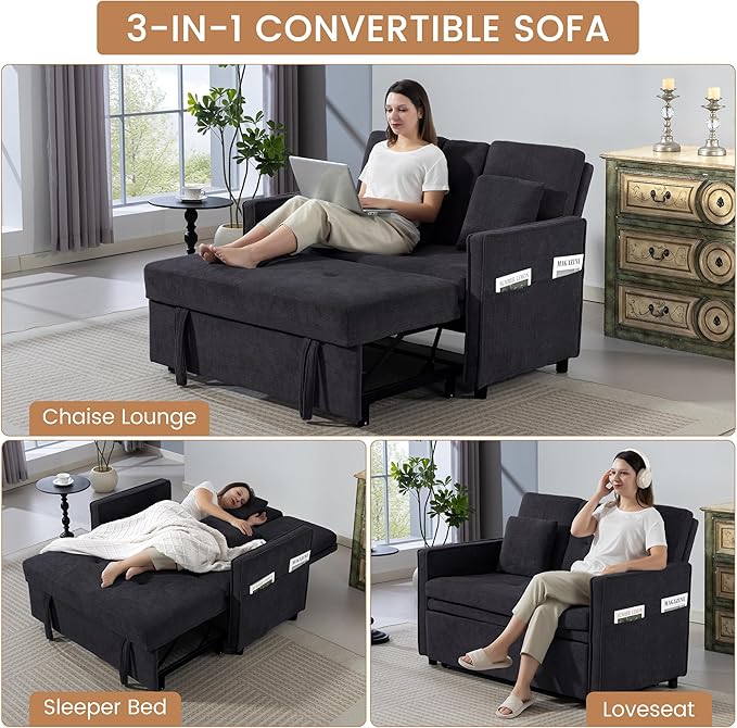 Convertible Sofa Bed 3-in-1 Sleeper Sofa with Pull-Out Bed Chenille Couch Folding Loveseat USB Ports &amp Adjustable Backrest Modern Loveseat for Living Room Apartment Black