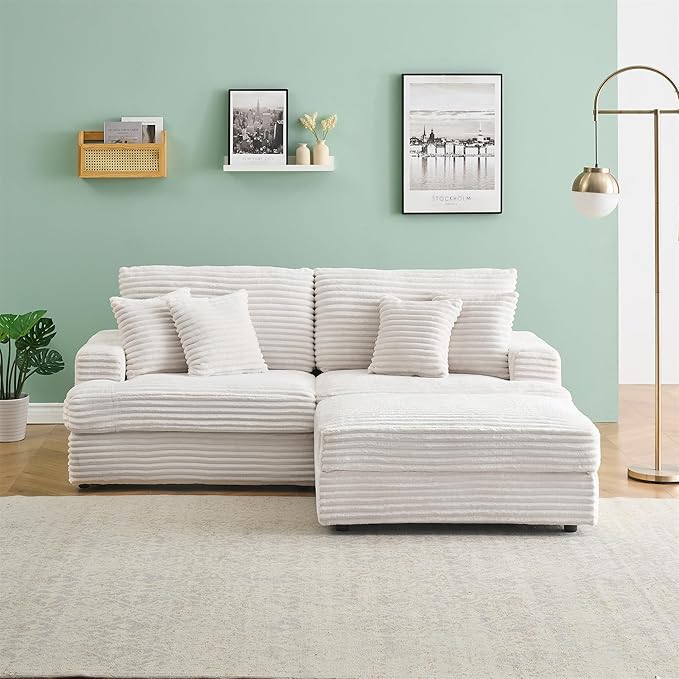 82 Inches Corduroy Square Arms Loveseat Sofa with One Storage Ottoman Comfy Deep Seat Modular Sectional Futon Couch with 4 Throw Pillows for Living Room Bedroom Office (White)