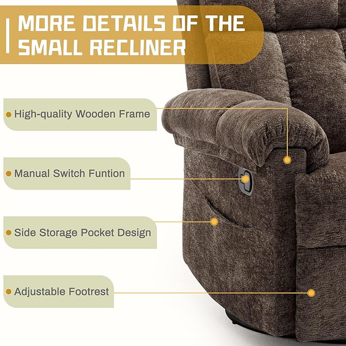 Recliner Chair Swivel Rocker Recliner Chair for Adults Small Recliners for Small Spaces Upholstered Manual Recliner with Side Pockets Nursery Rocking Chair for Living Room Chenille Brown