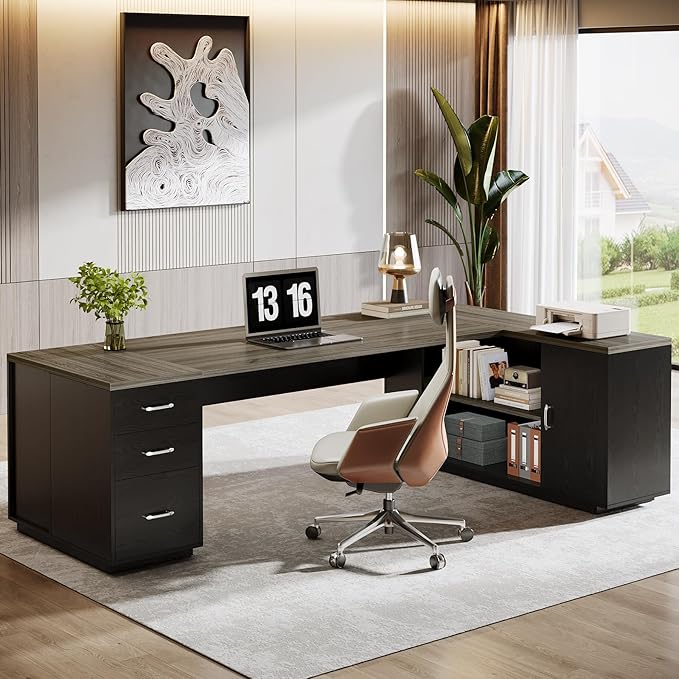 Tribesigns 85.8-Inch L-Shaped Executive Office Desk with File Drawers &amp Storage Cabinet Professional Corner Computer Desk Extra Large Business Workstation with Adjustable Shelves (Gray&ampBlack)