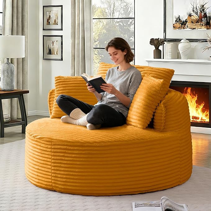 53'' Oversized Round Chaise Longue Chair Upholstered Corduroy Single Cloud Circle Sofa Chair Comfy Deep Seat Boneless Couch Bed No Assembly Required for Living Room Bedroom Apartment Yellow