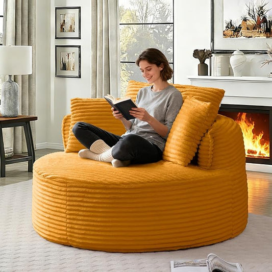 53'' Oversized Round Chaise Longue Chair Upholstered Corduroy Single Cloud Circle Sofa Chair Comfy Deep Seat Boneless Couch Bed No Assembly Required for Living Room Bedroom Apartment Yellow