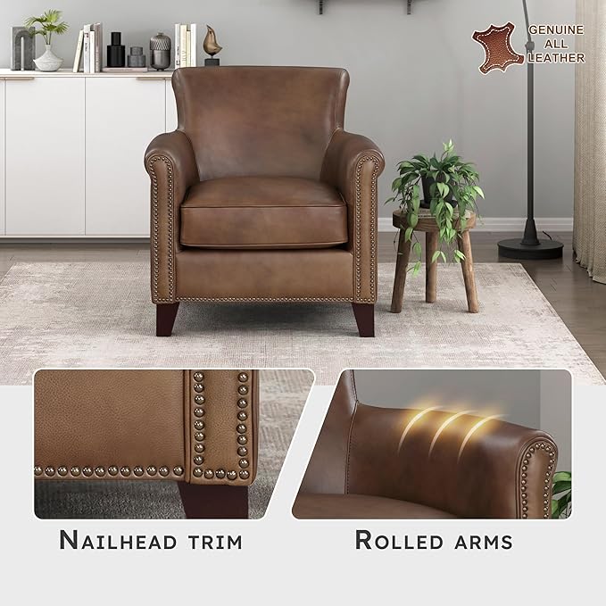 Lexicon 100% Top Grain Genuine Leather Chair Leather Accent Chairs for Living Room Solid Wood Frame Rolled Armrest &amp Nailhead Trim Comfy Reading for Bedroom Office Waiting Room Classic Brow