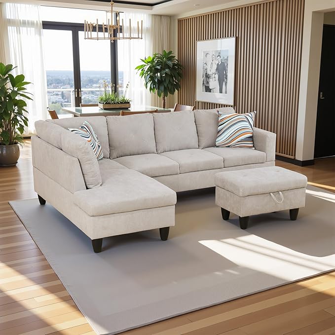 97 Oversized Sectional Couch L Shaped Couch with Storage Ottoman Modern Modular Sofa with Deep Seat Sectional Couches for Living Room and Office Off-White (Flannelette)