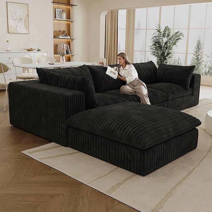118.2 L Shaped Modular Boneless Sofa with Ottoman Cloud Sectional Couches for Living Room Deep Seat Corduroy Upholstered Couch Furniture Set No Assembly Required(Black 3 Seater+1 Ottoman)