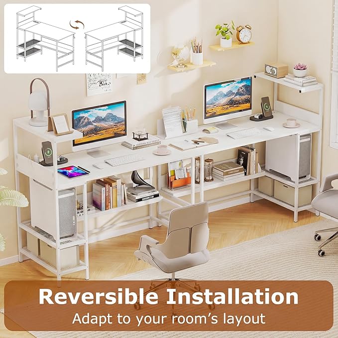 Giantex 48 Computer Desk with Charging Station Reversible Writing Desk with Storage Shelves &amp Headphone Hook Small Gaming Desk Industrial Computer Workstation for Home Office (White)