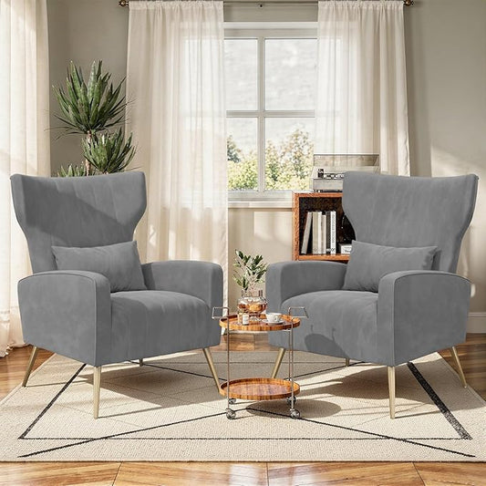 Gary Velvet Accent Chair Set of 2 Wingback Chair for Living Room High Back Arm Chair with Golden Legs Lumbar Pillow Upholstered Single Sofa Bedroom