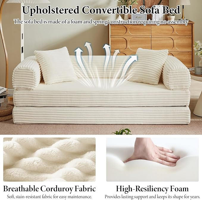 Folding Convertible Sleeper Sofa Bed Corduroy Upholstered Boneless Couch with Pillows Modular Floor Sofa Compression Couch for Living Room No Assembly Required (Beige)