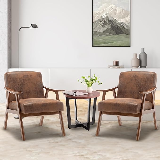 Accent Chair Mid Century Modern Chairs for Living Room Upholstered Comfy Armchair Bedroom Side Arm Chair with Rubber Wood Comfort Cushion and Wide Sitting