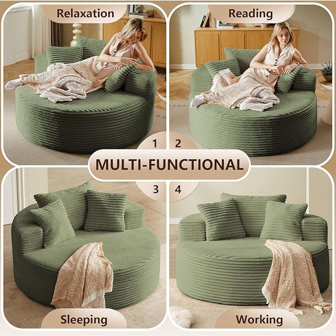 Oversized Round Chair Lounge Chaise Indoor Upholstered Corduroy Deep Seat Cloud Large Circle Sofa Chair No Assembly Required Fluffy Modern Sleeper Sofa Bed for Reading Living Room Bedroom Green