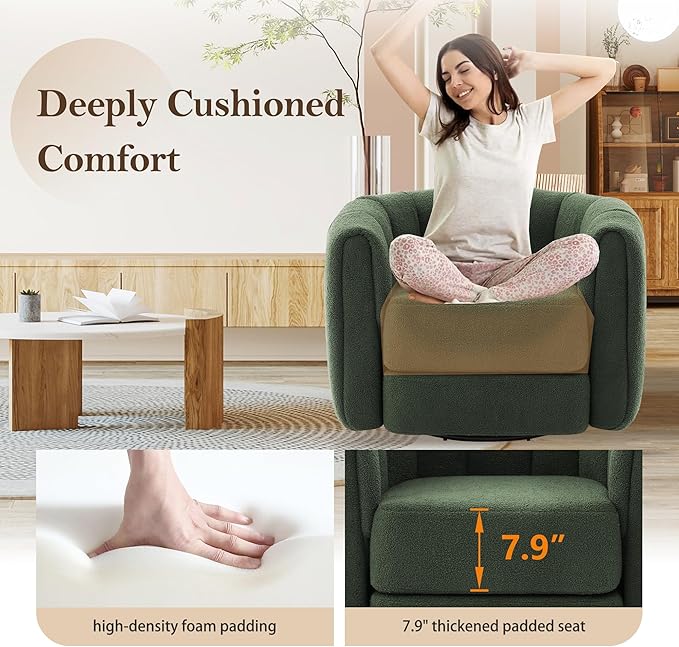 cinkehome Teddy Swivel Accent Chair Barrel Armchair 360° Modern Round Arm Chair with Thickened Cushion Swivel Club Chair for Living Room Bedroom Green
