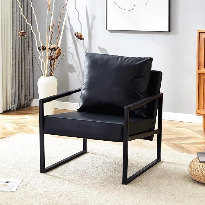 PU Leather Accent Chairs for Living Room Mid Century Modern Arm Chair Comfy Black Accent Chair with Soft Back Cushion Modern Side Chairs for Bedroom Office Metal Frame (Black)