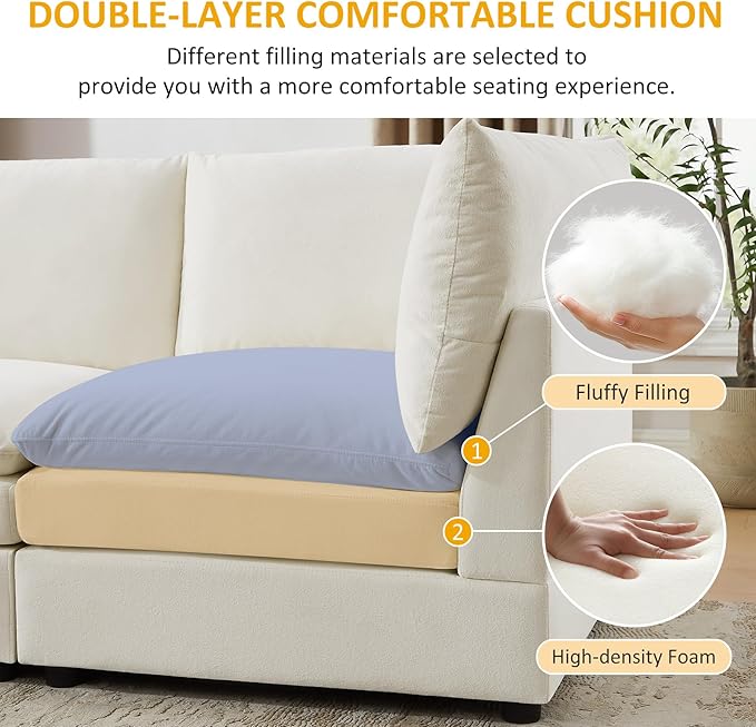 VANOMi 127 Modular Sectional Cloud Sofa Couches V Shape Convertible Sleeper Sofa with Thick Cushion for Apartment Upholstered Comfy Living Room Sofa Set Ivory White