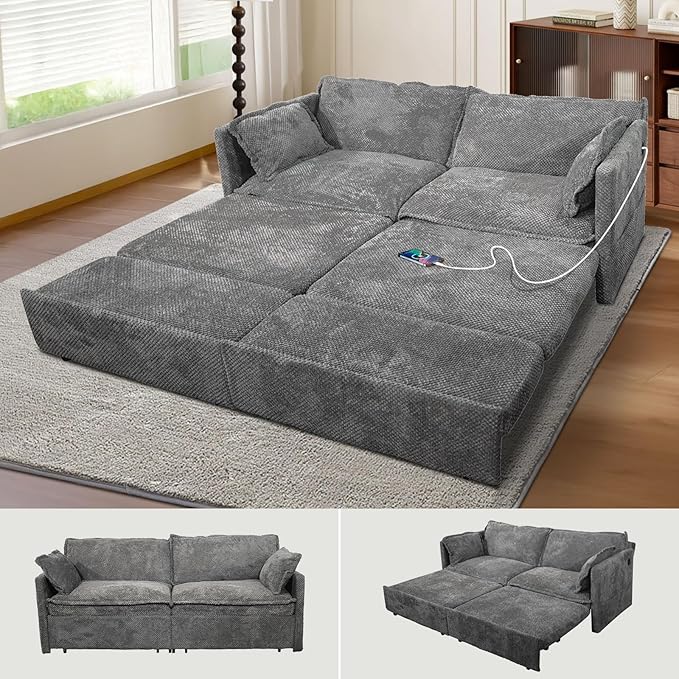 King Size Pull Out Sleeper Sofa Bed Convertible Corduroy Futon Couch with USB Ports &amp Storage Pockets Large Upholstered Loveseat Guest Bed for Living Room Grey