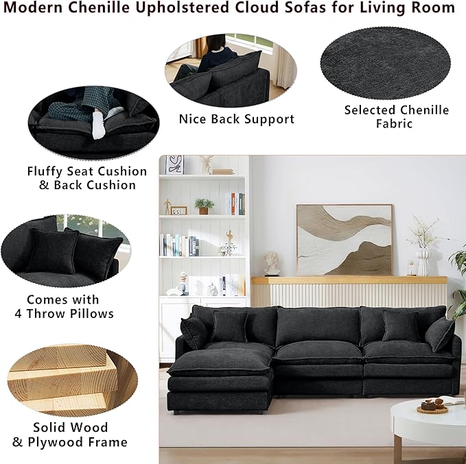 102 L-Shaped Sofa for Living RoomModular Sectional Cloud Sofa Couch with OttomanModern Chenille 3 Seater Sofas with Deep SeatSmall L Shaped Couches for Bedroom (Black 102)