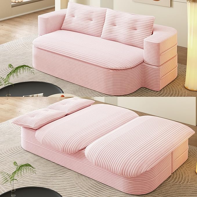3-in-1 Convertible Folding Sofa Bed 80 Queen Size Sleeper Corduroy Curved Couch Fluffy Couch Multi Functional Sectional Sofa Bed with Chaise Lounge and Blanket (Pink 2 Seat)